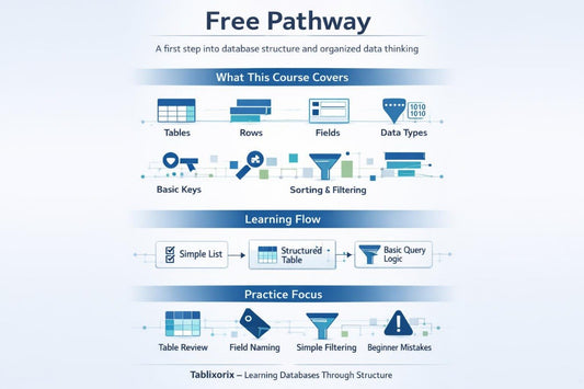 Course outline for database structure and organized data thinking with visual elements on a white background.
