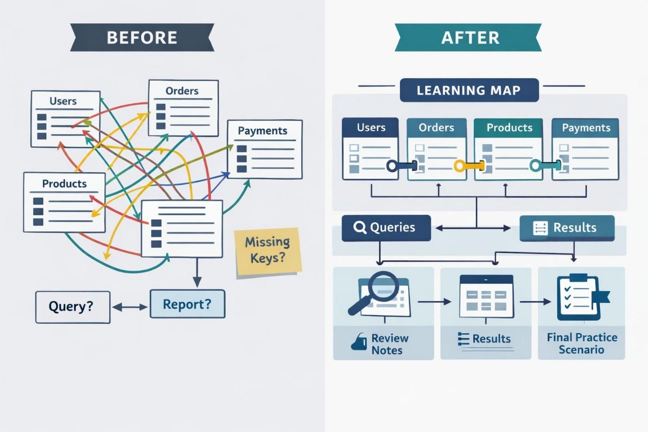 Before and after comparison of a learning map with process flow diagrams.