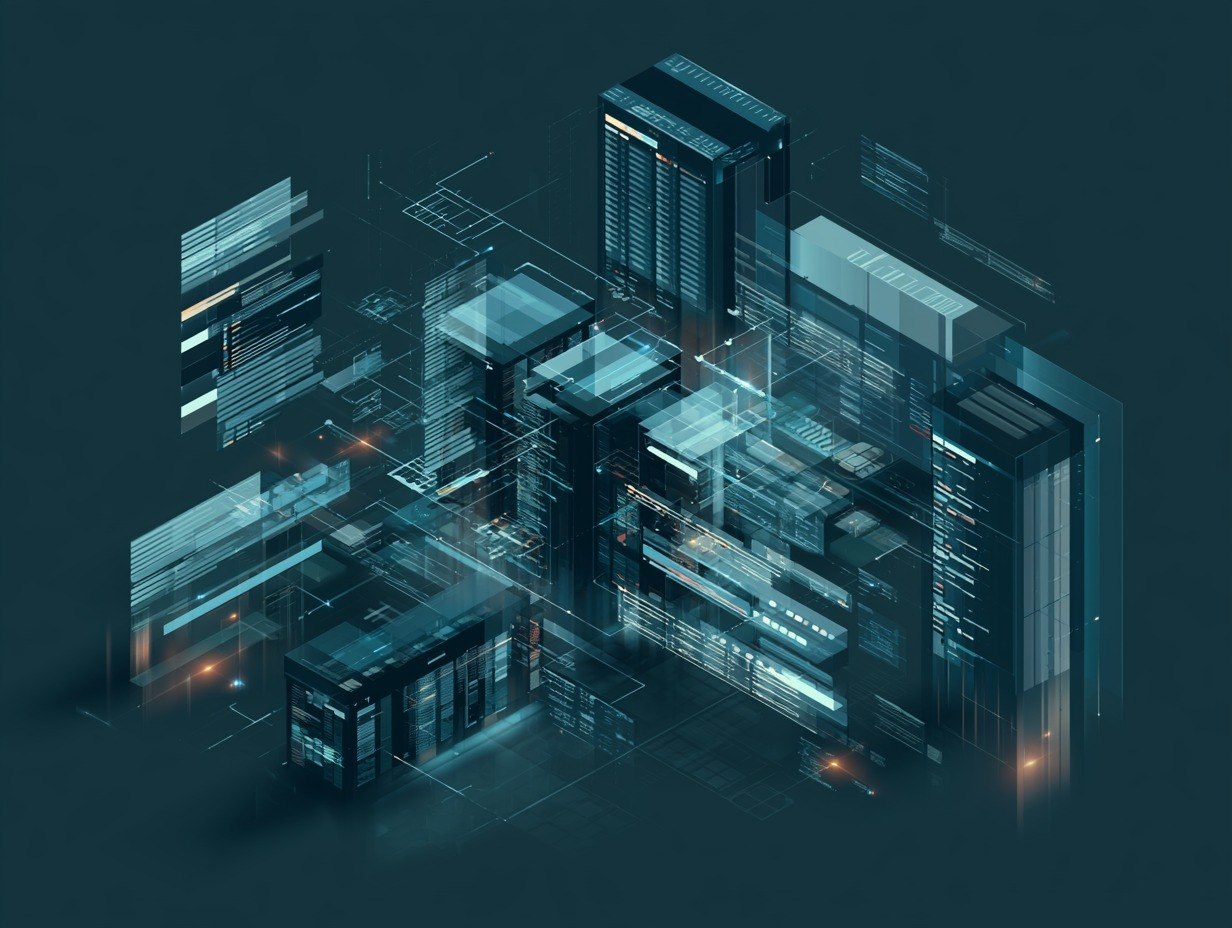 Isometric illustration of futuristic city architecture with glowing blue lights on a dark background