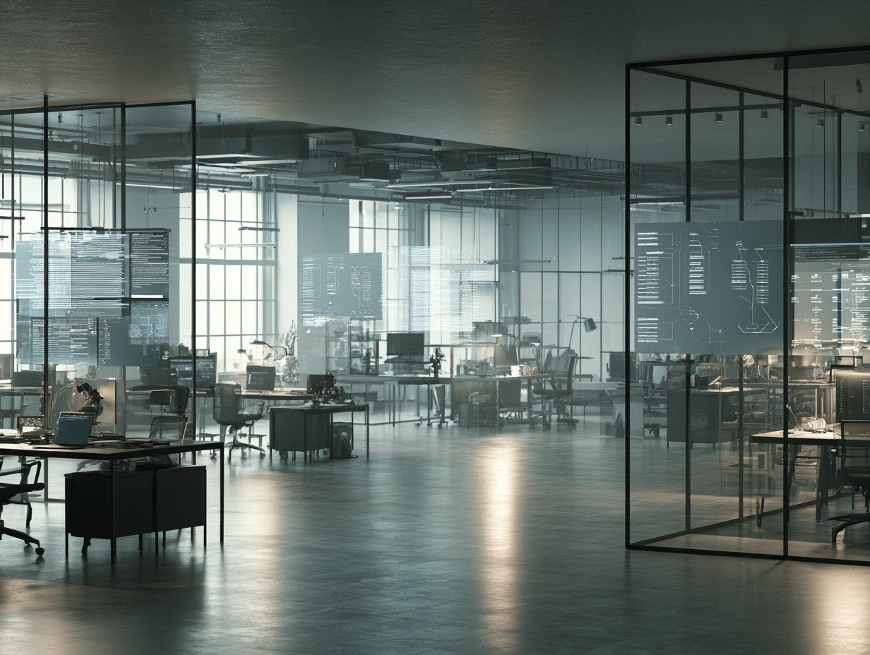 Modern office space with glass walls and desks.