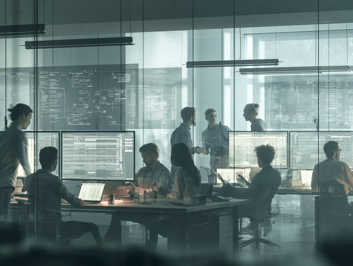 People working in a modern office with large glass walls and multiple computer monitors.