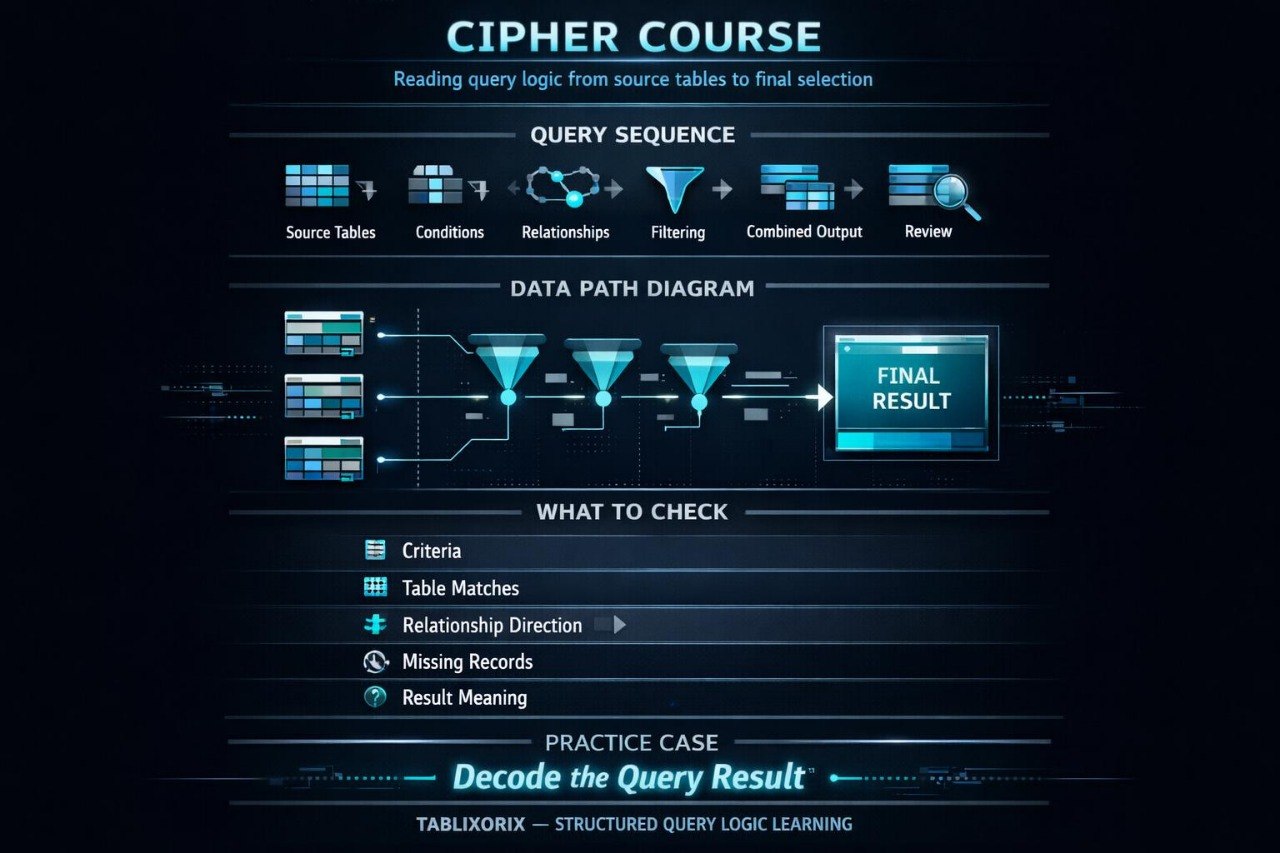 Diagram of a cipher course with query logic and data path on a dark background