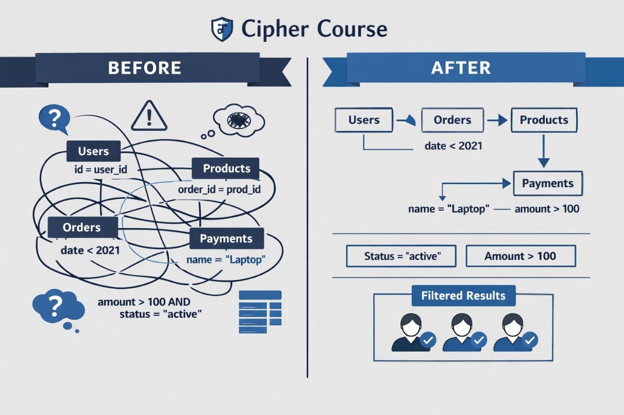 Comparison chart showing 'Before' and 'After' of a data model transformation with Cipher Course branding.