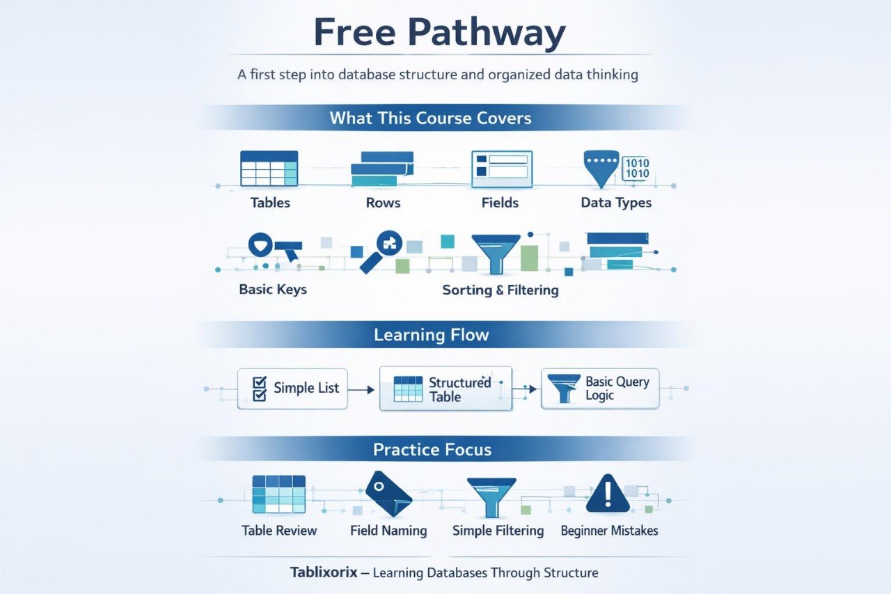 Course outline for database structure and organized data thinking with visual elements on a white background.