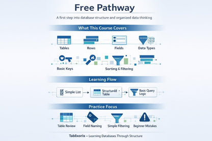Course outline for database structure and organized data thinking with visual elements on a white background.