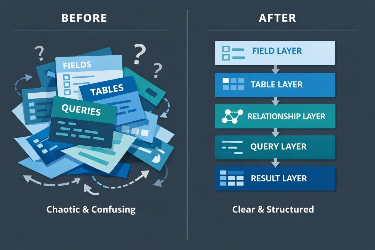 Comparison of chaotic and confusing data layers before and clear and structured layers after on a dark background.