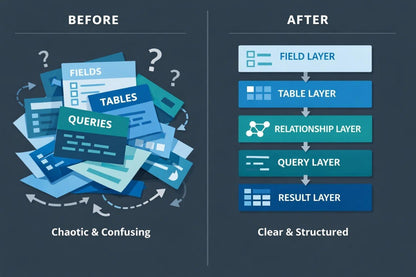 Comparison of chaotic and confusing data layers before and clear and structured layers after on a dark background.