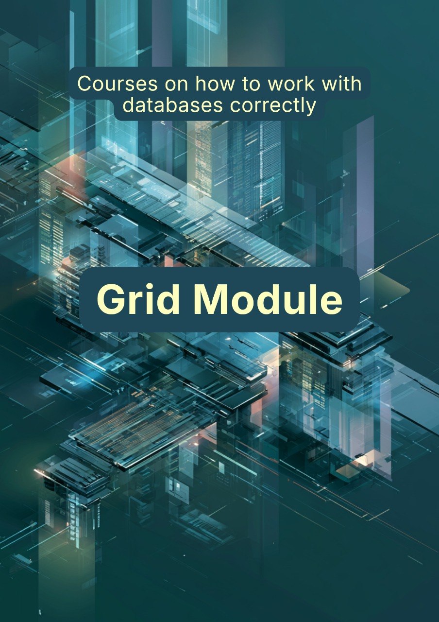 Cover of a book or module titled 'Grid Module' with text about working with databases on a futuristic grid background.
