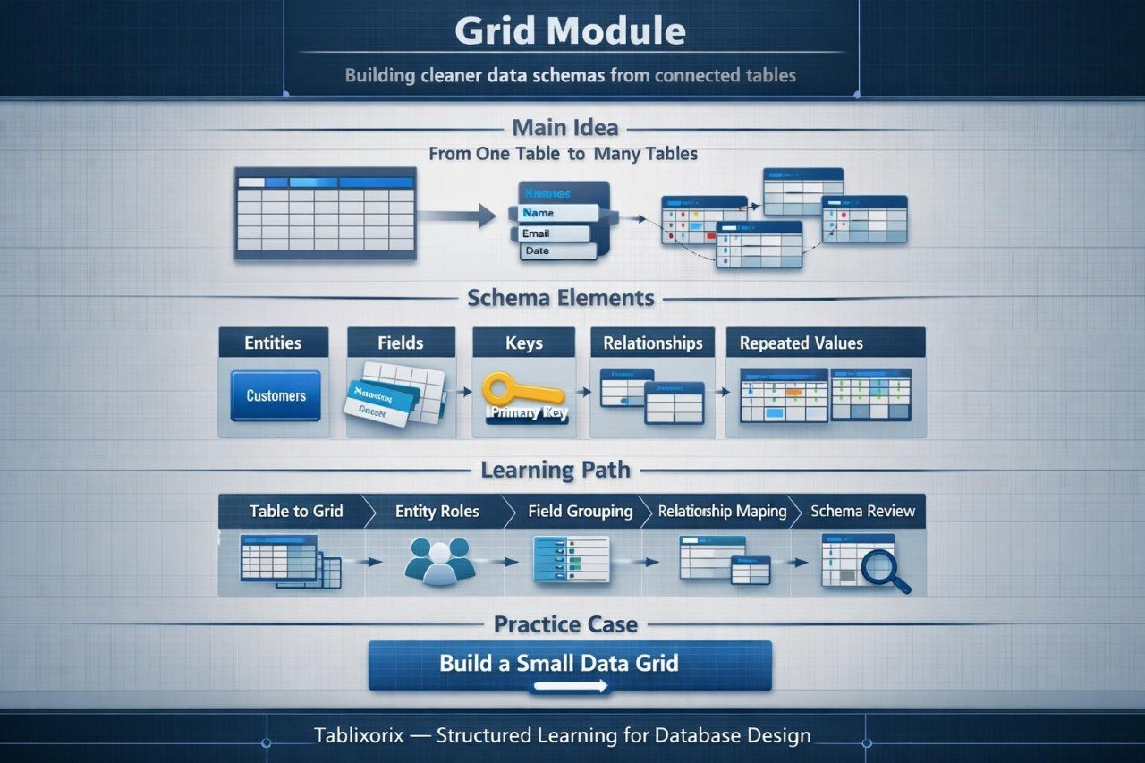 Diagram of a grid module for database design with various schema elements and steps.