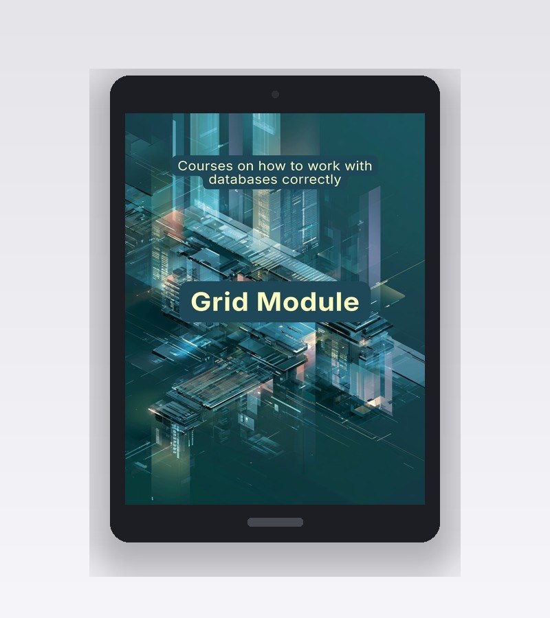 Tablet displaying a course on working with databases, titled 'Grid Module'.
