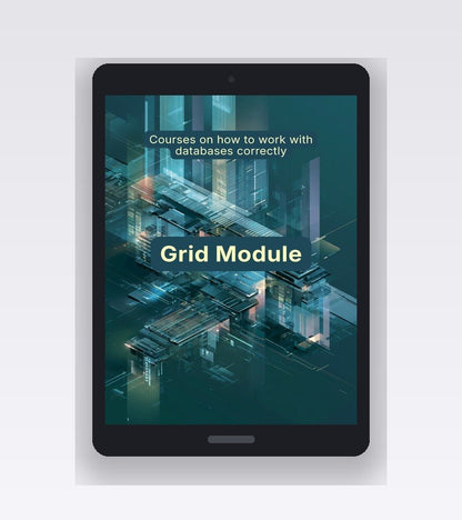 Tablet displaying a course on working with databases, titled 'Grid Module'.