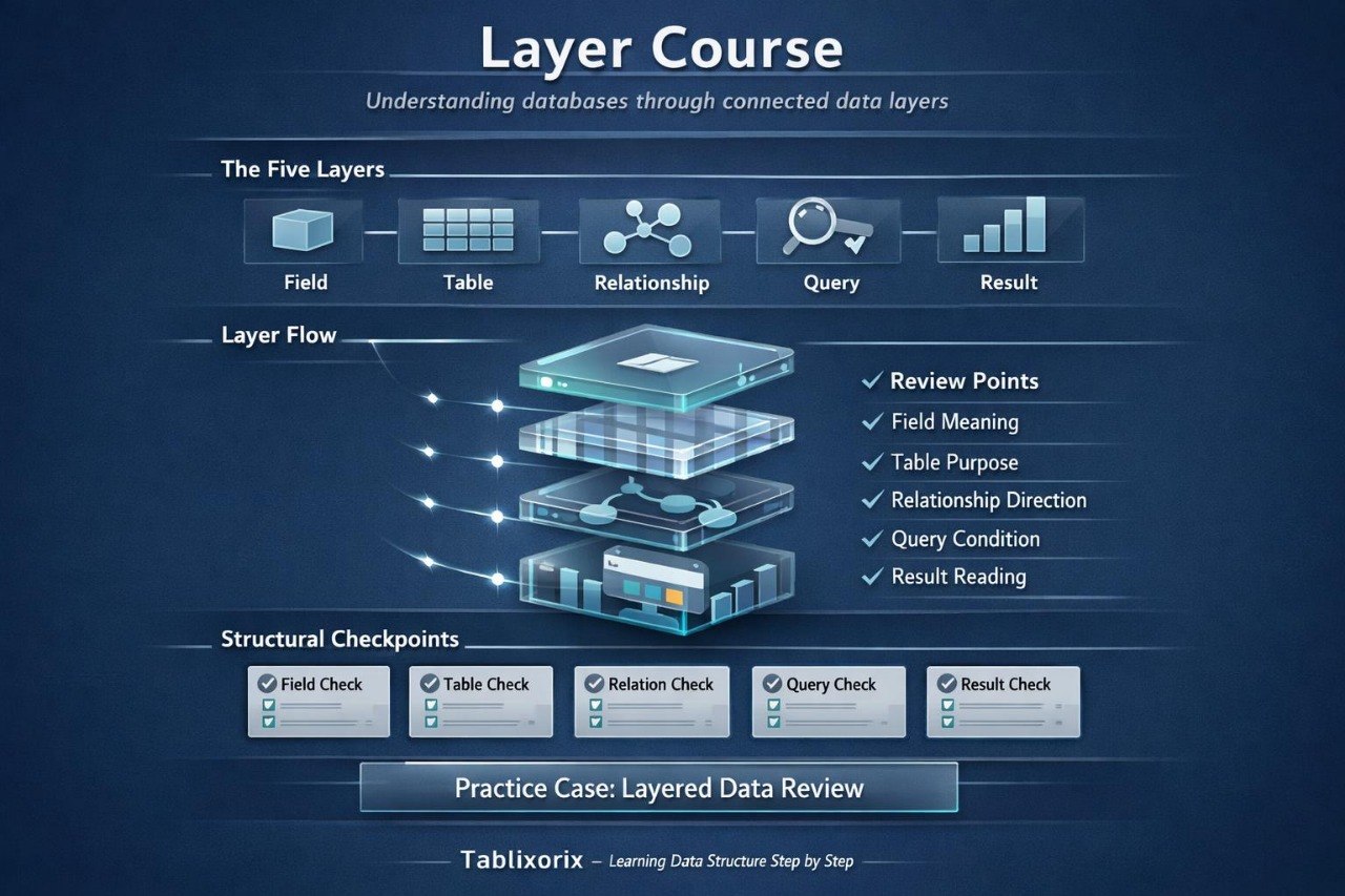 Diagram of database layers with icons and text on a blue background