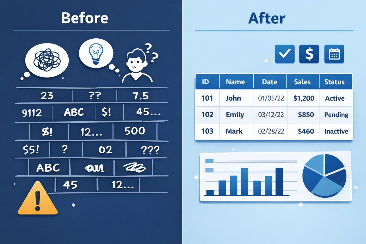 Comparison of 'Before' and 'After' data organization with icons and tables.