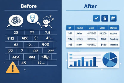 Comparison of 'Before' and 'After' data organization with icons and tables.
