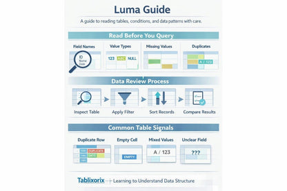 Luma Guide for data review process with icons and text on a white background