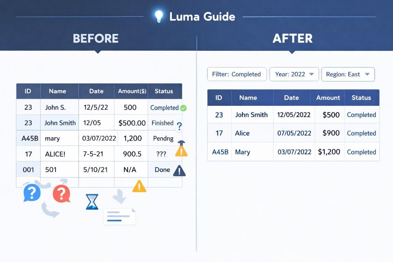 Before and after comparison of a software interface with Luma Guide branding.