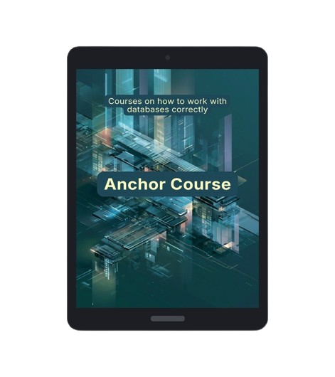 Tablet displaying an 'Anchor Course' on databases with a futuristic cityscape background.