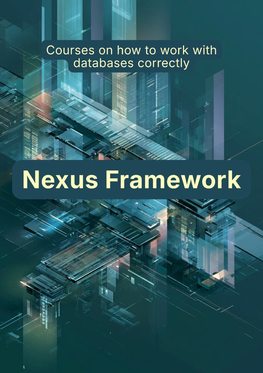 Book cover with abstract design and text about courses on working with databases using Nexus Framework.