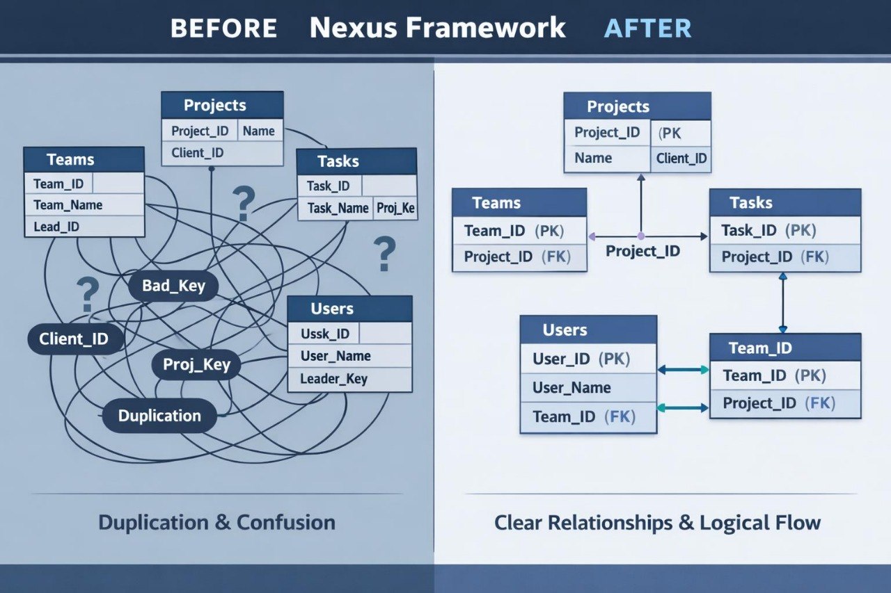 Comparison of a database schema before and after implementing the Nexus Framework.