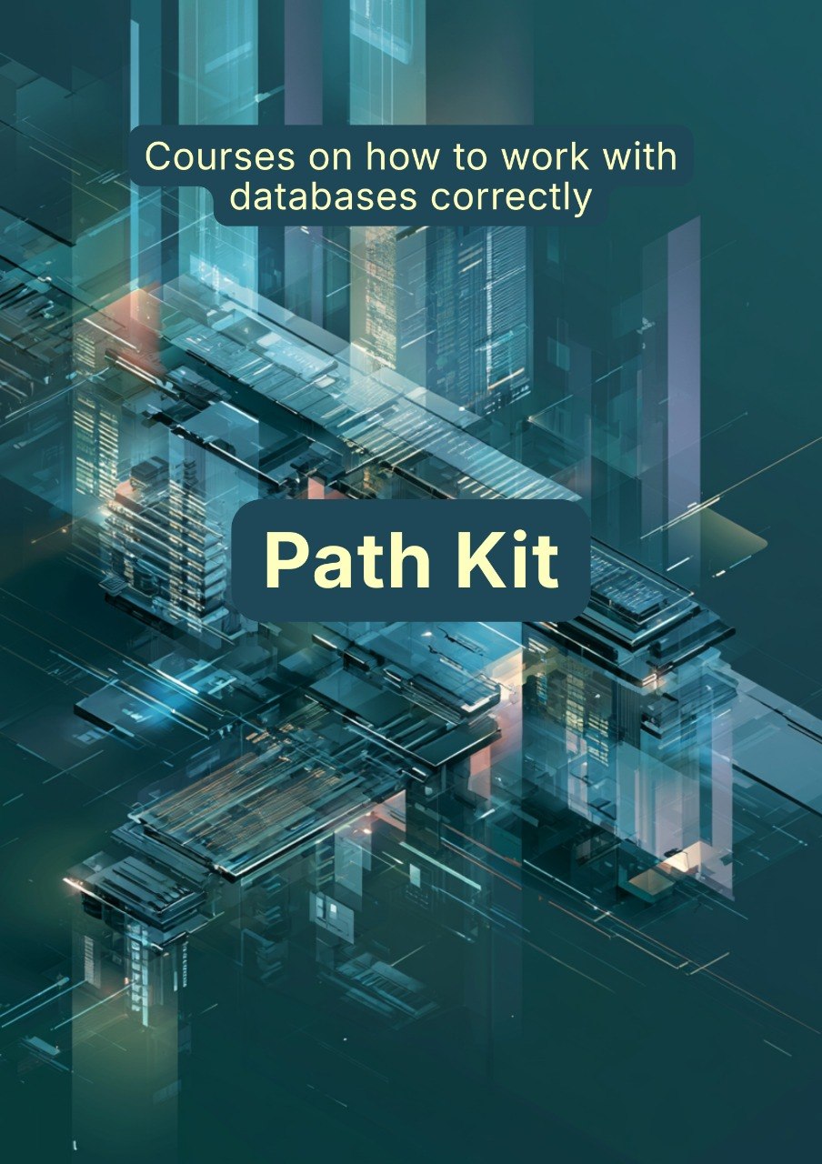 Cover of a book or course material titled 'Path Kit' about working with databases, with a futuristic cityscape design.