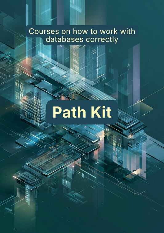 Cover of a book or course material titled 'Path Kit' about working with databases, with a futuristic cityscape design.