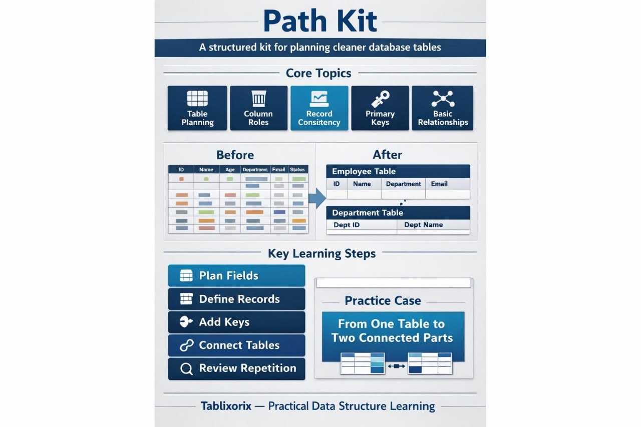 Path Kit software interface for database planning with topic categories and examples.