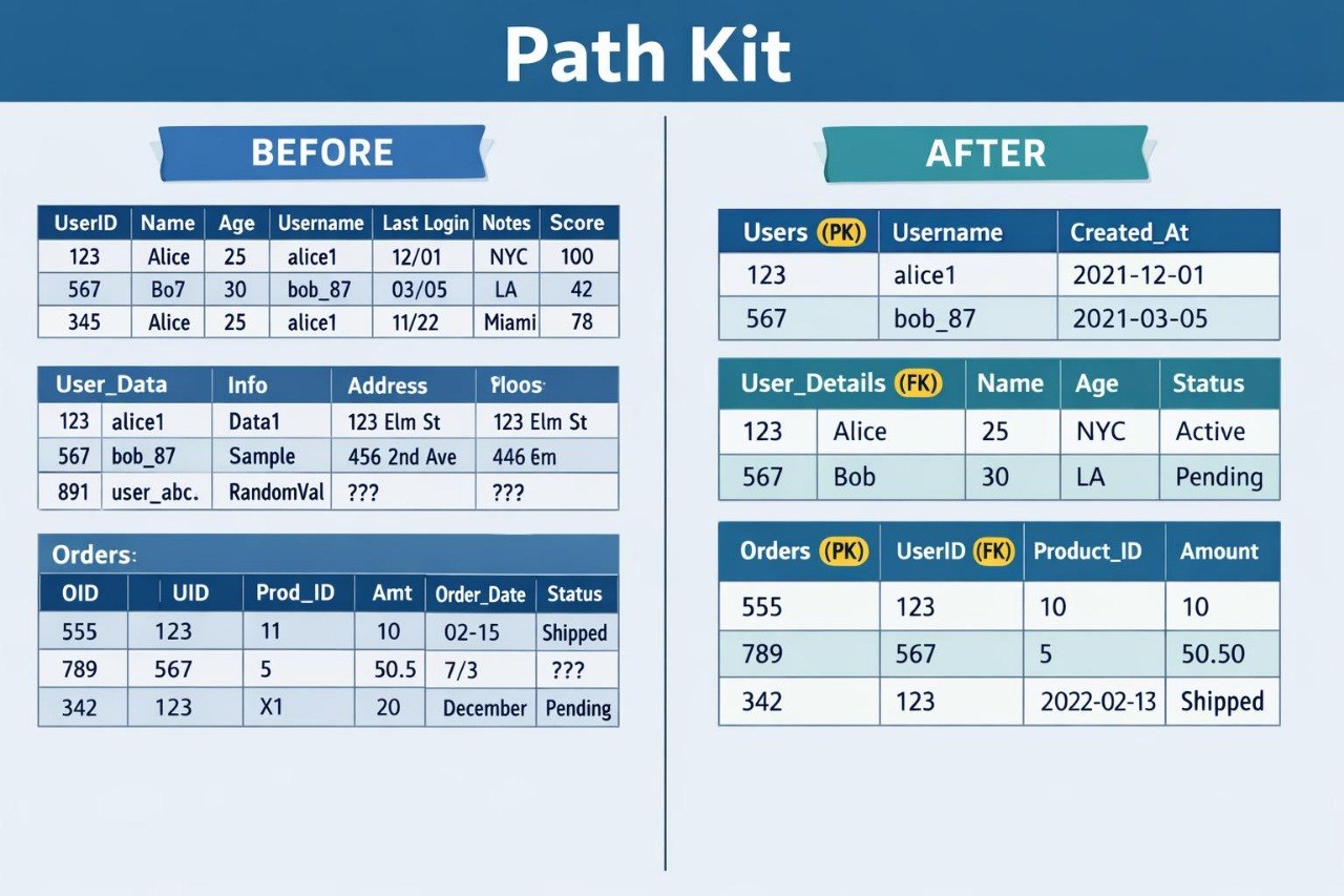 Comparison of database schema before and after normalization using Path Kit.
